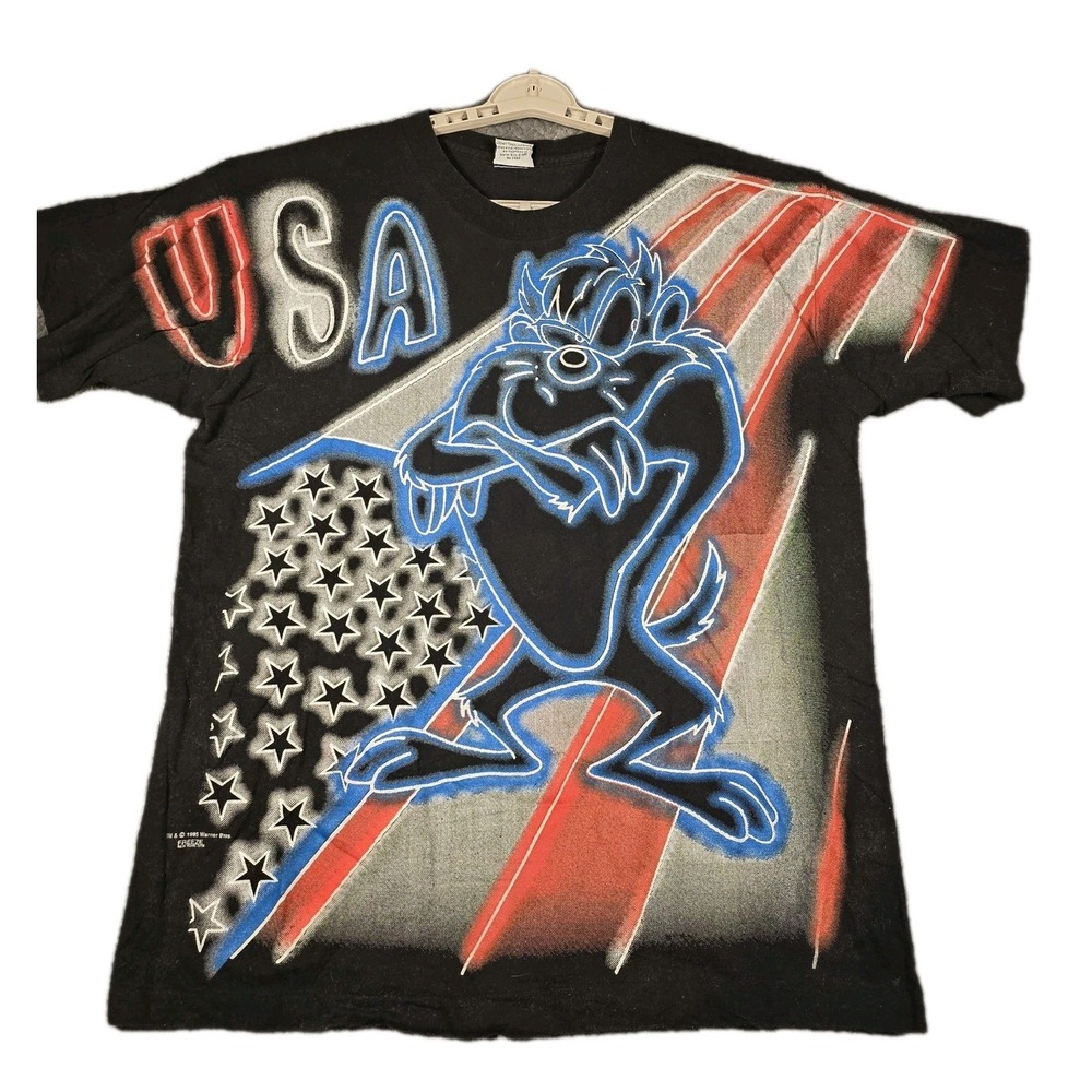 Looney Tunes Taz USA T-Shirt Men's Large Black Vintage 1995 AOP Single Stitch